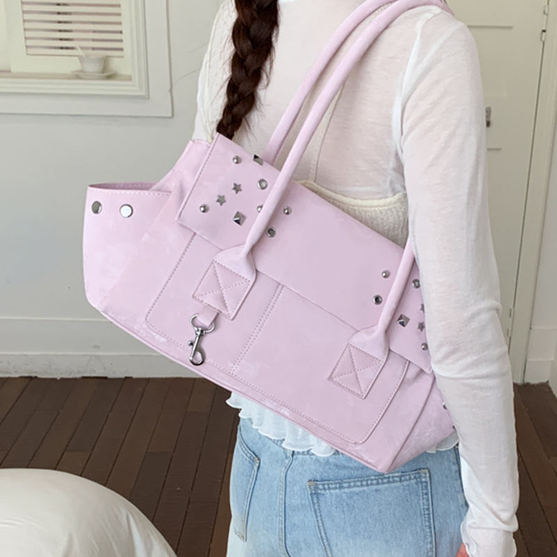 Retro Large Capacity Women's Bag 2026 New Casual Single Shoulder Underarm Bag Textured Studded Commuter Boston Bag Trendy - Thumbnail 3