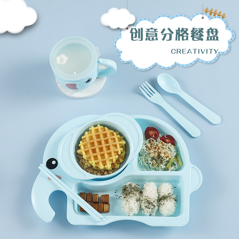 Children's Tableware PP Plastic Dinner Plate Set with Bowl, Chopsticks, Spoon and Cup Cartoon Cute Elephant Partitioned Dinner Plate