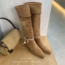 法式不过膝骑士靴女磨砂复古高筒长筒靴内增高高跟西部牛仔靴秋冬