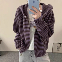 韩系软糯厚实条纹连帽双头拉链毛衣开衫外套女简约百搭洋气针织衫