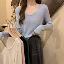 莫兰迪色系针织打底衫女秋冬风衣内搭V领短款毛衣配阔腿裤