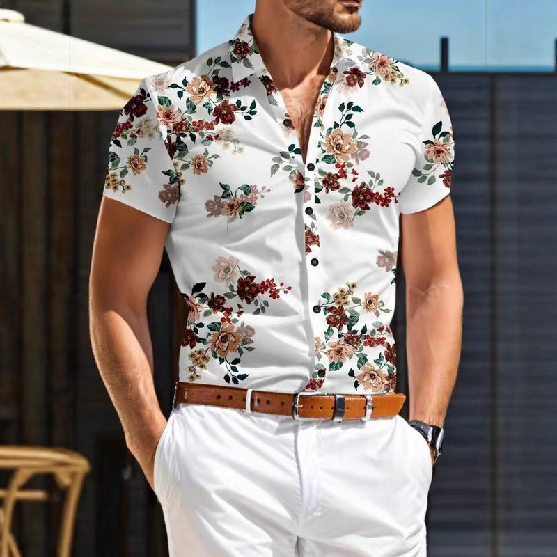 Cross-Border European and American Summer New Men's Casual Versatile Micro-Elastic Fashion Slim Floral Print Men's Short-Sleeved Shirt