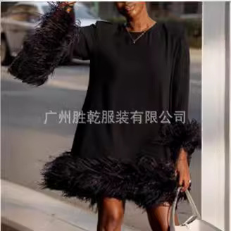 European and American cross-border Amazon Women's feather dress loose casual AliExpress stitching feather women's clothing dress European and American cross-border Amazon Women's feather dress loose casual AliExpress stitching feather women's clothing dress