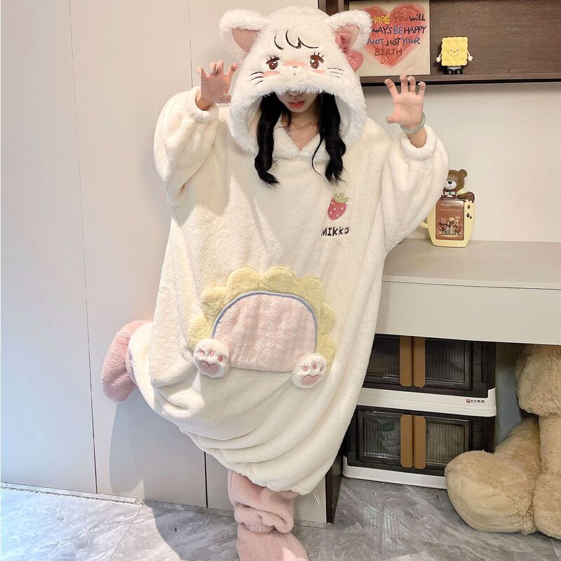 Funny Coral Velvet Warm Thickened Hooded Cute Nightgown Fleece-Lined Winter Robe Nightgown Interesting Pajamas for Women