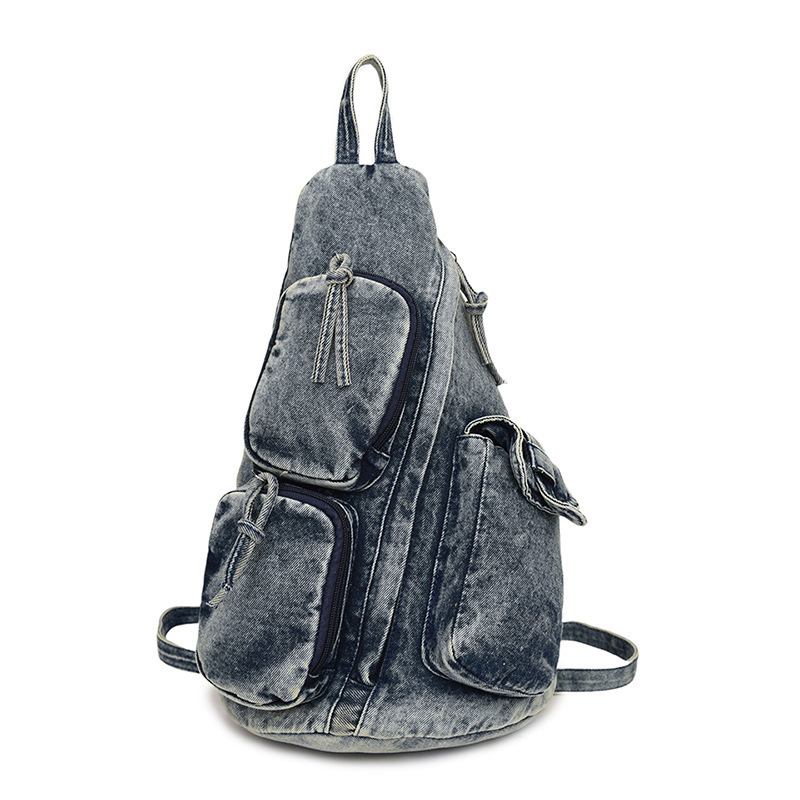 Mochila de mezclilla lavada 2024 nuevo bolso retro casual de moda bolso de pecho de mensajero multibolsillo simple