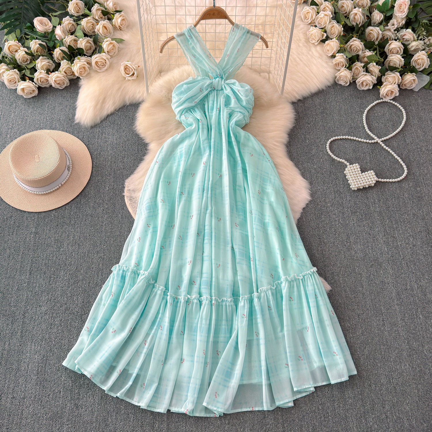 우아한 달콤한 민트 그린 슈퍼 페어리 스커트 해변 휴가 해변 원피스 여행 백리스 스트랩 원피스