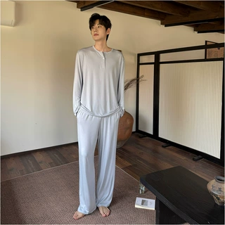 男士莫代尔长袖睡衣套装春秋纯色简约家居服可外穿休闲宽松男款