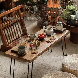 老榆木围炉桌实木可折叠铁艺长方形喝茶桌烧烤椅火锅桌中式火锅桌