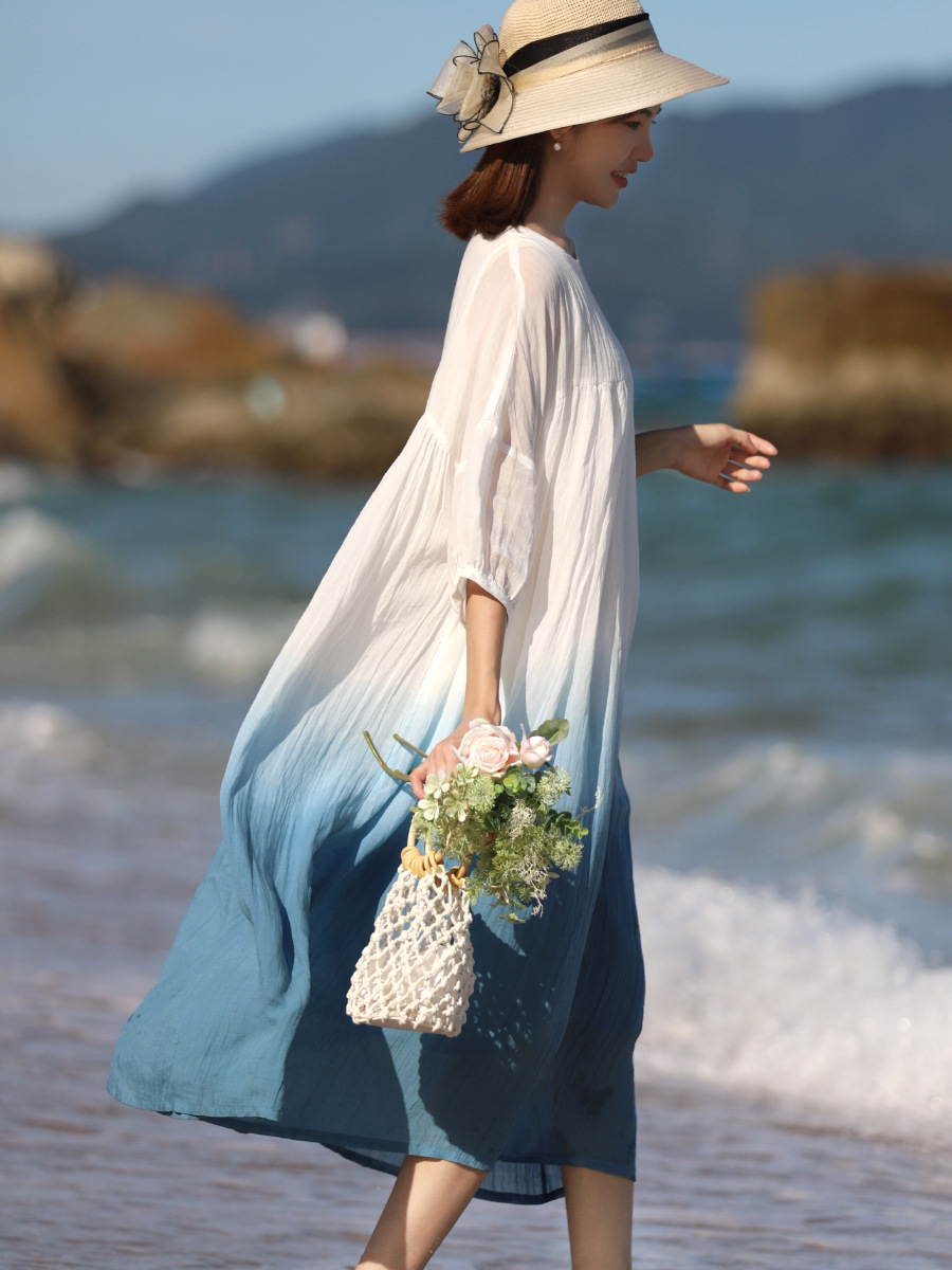 2024 Summer Loose Plus-Size Robe, Chinese Style Gradient Lightweight Ramie Zen Tea Dress, Double-Layered Large Hem Skirt_ecoleips.com