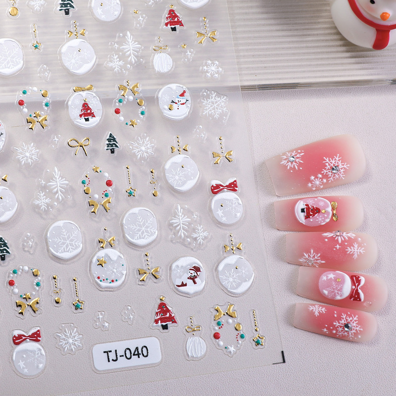 ネット赤冬クリスマスボールネイルシール5D浮き彫り白い透かし彫りクリスマスボールネイルシールアクセサリーTJタイプ|undefined