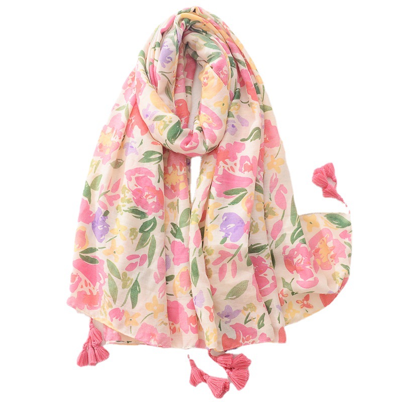 Primavera bufanda de seda fina moda artística de las mujeres todo fósforo amarillo claro planta flor imprimir algodón y lino sentir borla bufanda