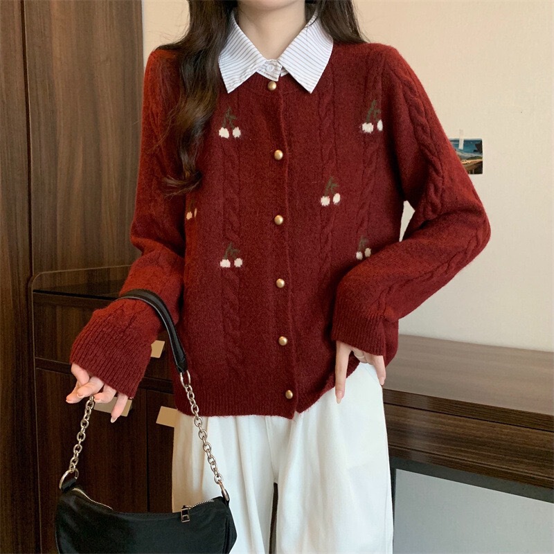 Fake Two-Piece Polo Collar Cardigan Sweater for Women 2026 Spring and Autumn Slimming College Style Short Knit Jacket Top