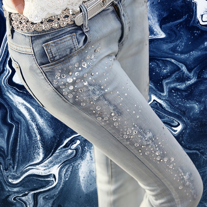 Low-Waist Rhinestone Ripped Skinny Women's Pencil Pants Sexy Stretchy Slim Light-Colored Skinny Jeans Trendy