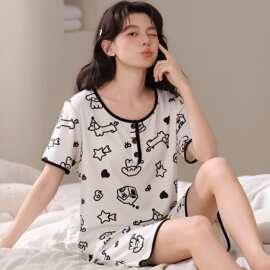 夏季新款纯棉女短袖短裤套头睡衣网红修身女家居服图片色圆领居家