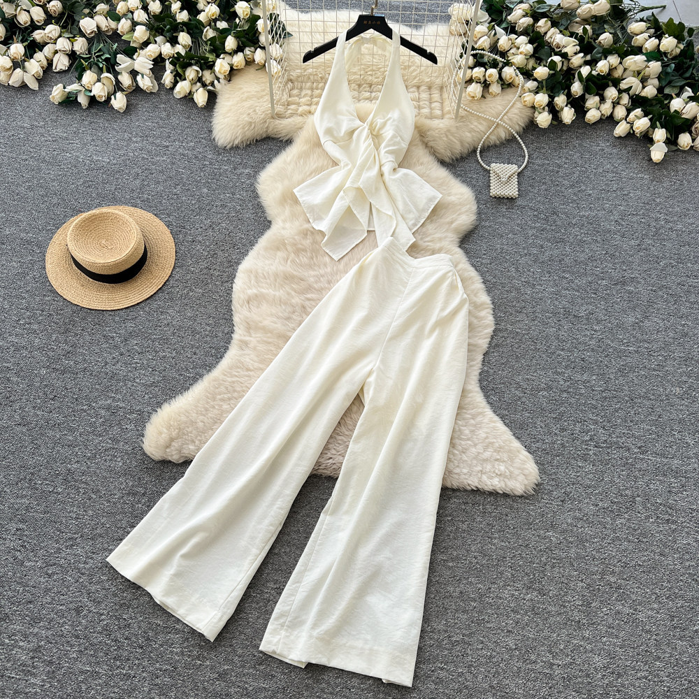 Women's Luxury Commuter Style Halter Vest Wide Leg Pants Two Piece Set Slimming Stylish Backless Summer Outfit_ecoleips.com