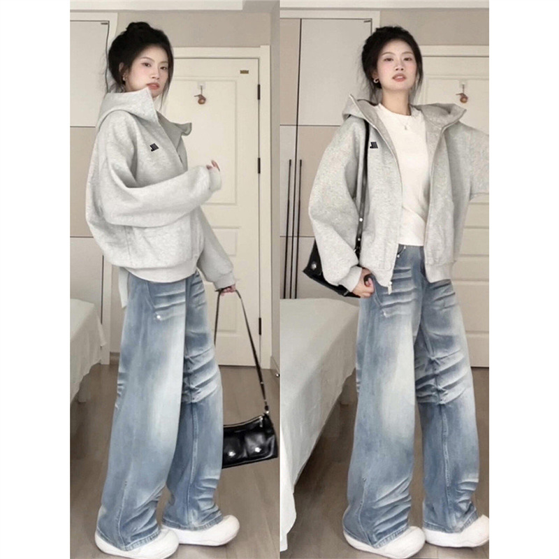 灰色连帽卫衣短外套女春秋2025新款爆款早秋季穿搭巨好看韩系上衣|undefined