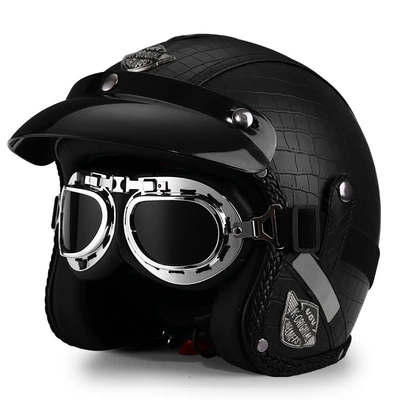 Motosiklet dəbilqələri — Winter Warm Motorcycle 3/4 Helmet - m-crocodile-pattern-black-silver-mirror-free-hat-brim-face-towel