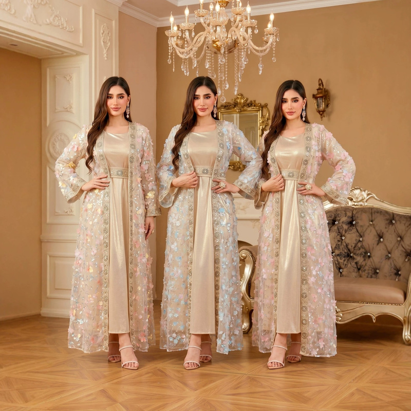 In-Stock Cross-Border Women's Luxury Embroidered Mesh Lace Two-Piece Robe Dress Foreign Trade Cardigan Ad2438 In-Stock Cross-Border Women's Luxury Embroidered Mesh Lace Two-Piece Robe Dress Foreign Trade Cardigan Ad2438