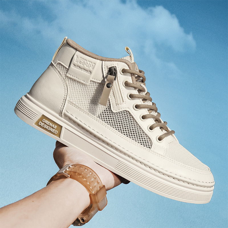 Zapatos de hombre transfronterizos primavera red transpirable delgada hueco zapatos de red deportivos casuales con suela gruesa y altura zapatos de tabla blanca