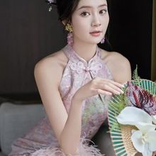 晨袍新中式旗袍女新娘结婚敬酒服订婚礼服轻奢小众国风连衣裙粉色