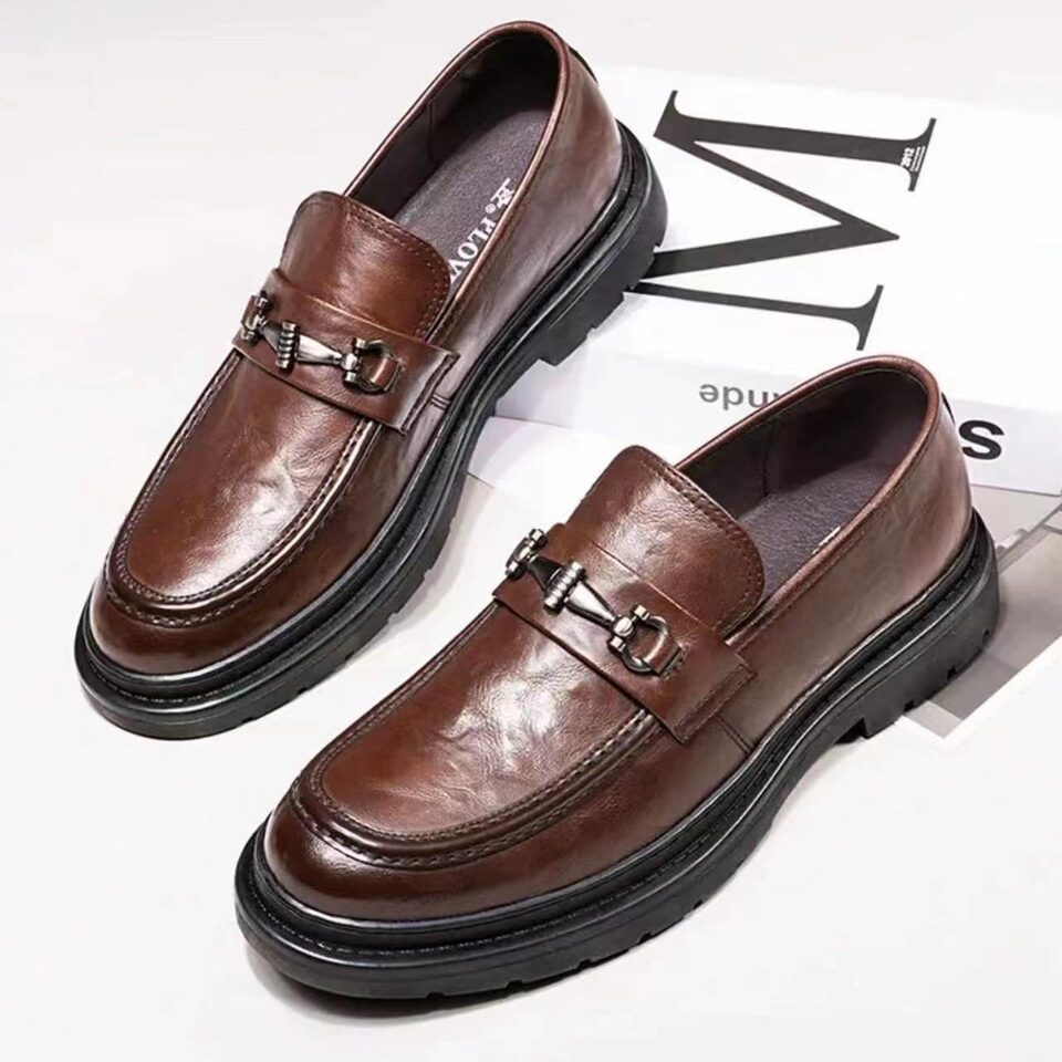 Giày da nam công sở cổ thấp mũi nhọn da bò hai lớp đế cao su mềm, kiểu giày lười buộc dây — F6863 chân màu nâu, F6863 mẫu giày trượt chân màu đen
