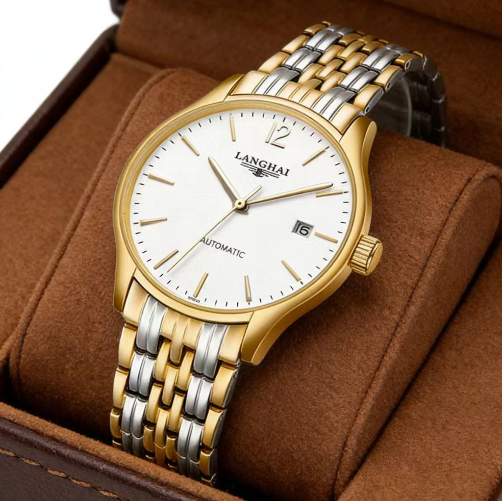 Swiss Langsen Men's Mechanical Watch Fully Automatic Stamen Stainless Steel Black Brown Famous Belt Imitation Water Brand Watch