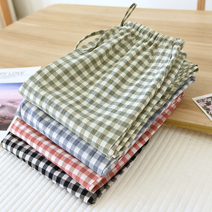 Couple's Pajama Pants Pure Cotton Washed Cotton Plaid Men's and Women's Home Pants Thin Simple Comfortable Casual Pants for Spring and Summer