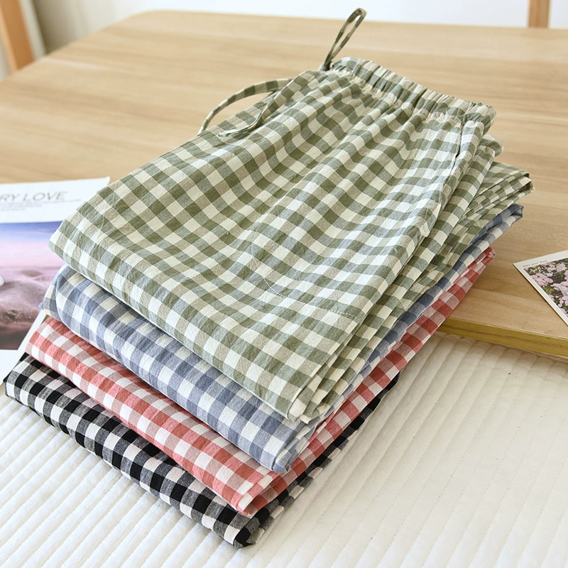 Пижамные брюки для пары из чистого хлопка в клетку, мужские и женские домашние брюки, тонкие простые удобные повседневные брюки на весну и лето