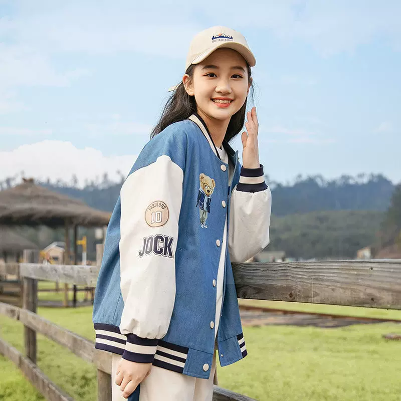 少女牛仔棒球服春装初中学生韩版宽松大童夹克春秋季高中女生外套