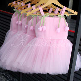 princess dress圣诞节女童公主裙网纱立体花朵装饰蓬蓬纱吊带礼服