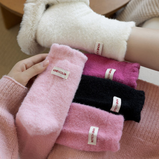 Pink socks women's autumn and winter thick fleece-lined socks personalized cloth label warm stockings cute lace pile socks
