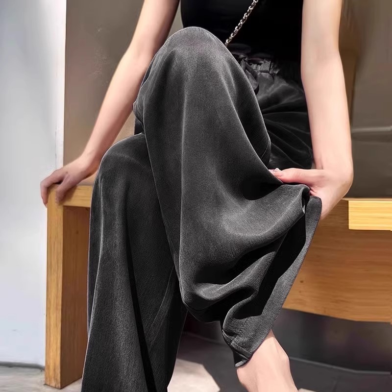 オレンジキュプラシルクワイドレッグパンツ女性のための 2025 夏の新しいファッション気質酢酸アイスシルクカジュアルパンツルーズで透明|undefined