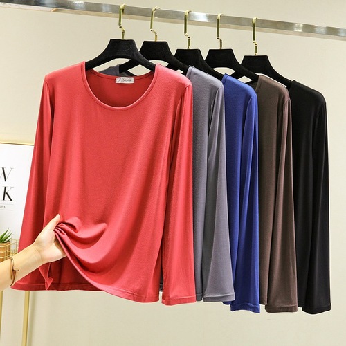 Round Neck Loose Modal Autumn Women's Plus Size Long Sleeve T-Shirt Winter Simple Base Shirt Plain Color Thin Top