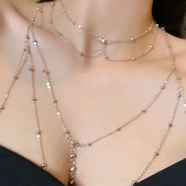 Fashion Diamond-Studded Bead Chain Body Chain with Sparkling Diamond Pendant Tassel Necklace Chest Chain Fashion Women's European and American Trendy Chain