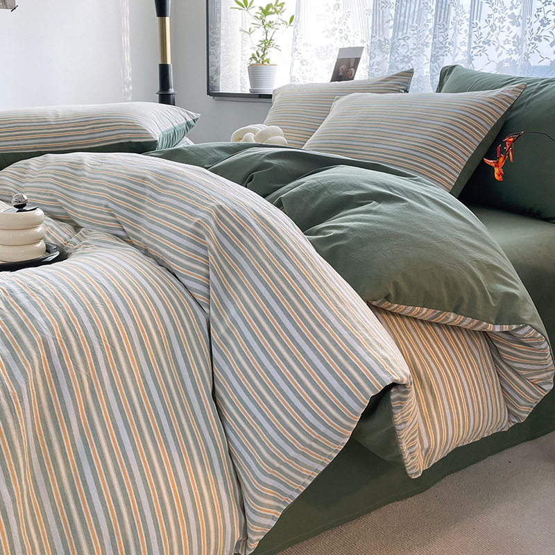 Cama de algodón lavado de algodón de cuatro piezas, sábana de algodón, funda de edredón, dormitorio de estudiantes, ropa de cama de tres piezas, ropa de cama