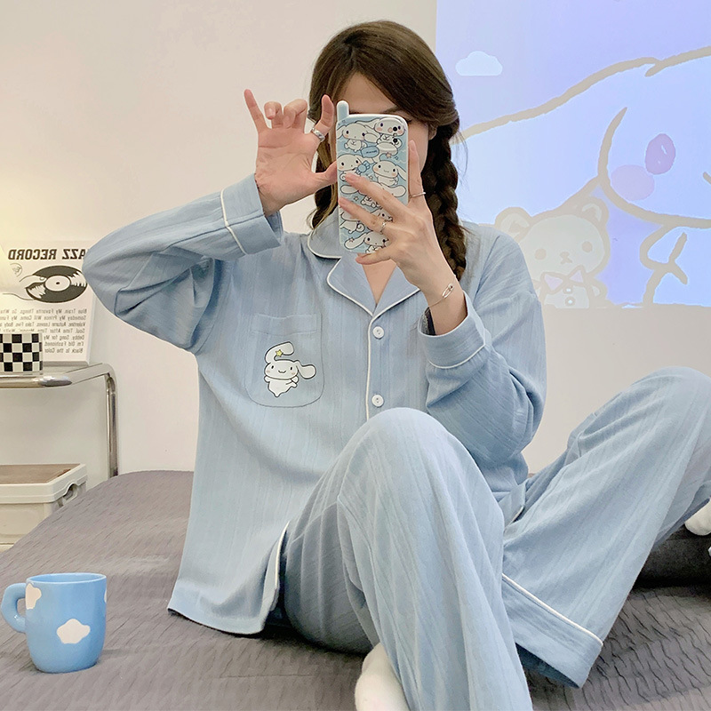 2023 nuevos pijamas azules de alta calidad de las mujeres de algodón jacquard de otoño e invierno de manga larga cardigan linda chica dulce ropa de casa traje