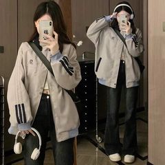 国潮美式复古三条杠撞色外套女2025春秋季宽松休闲百搭夹克棒球服