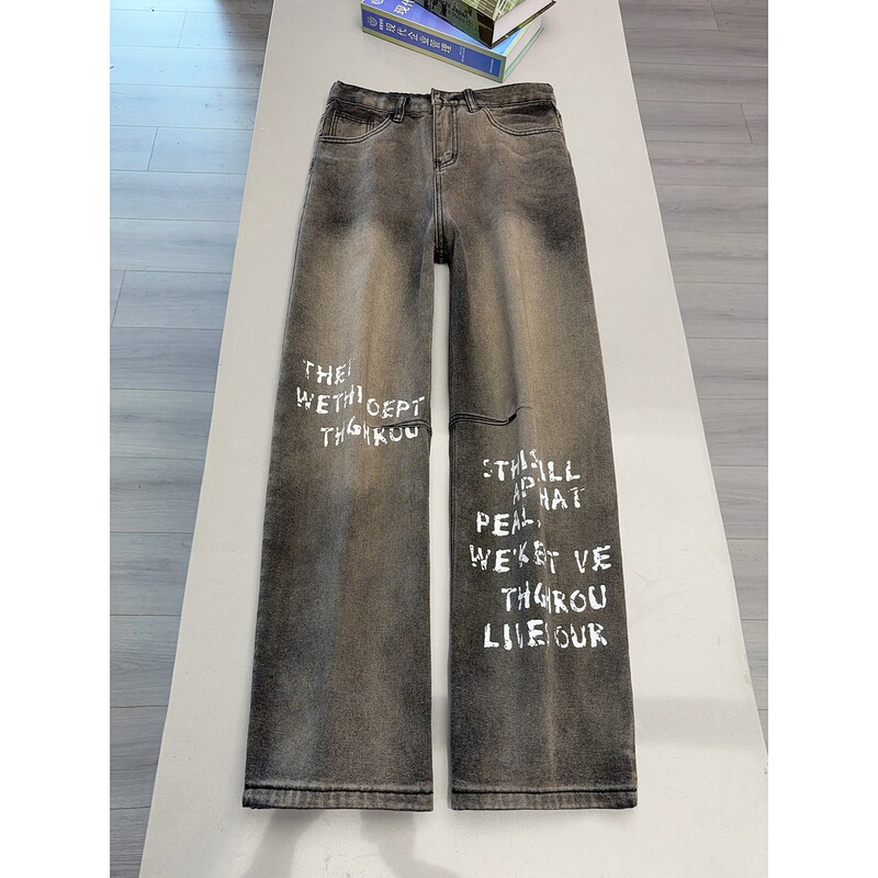Xintang Men's Flared Jeans American Style Straight Letter Print Gradient Vintage Boyfriend Vibe High Street Pants
