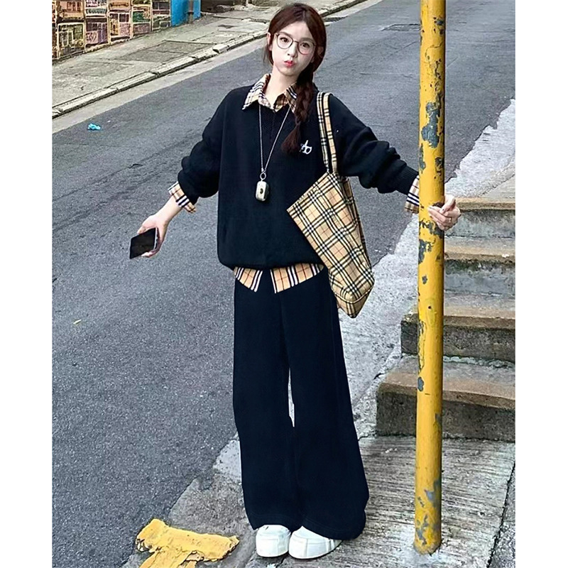 Spring and Autumn American College Style Sports Suit for Women, Plus Size, Slimming, Fake Two-Piece Sweatshirt, Loose Casual Two-Piece Set