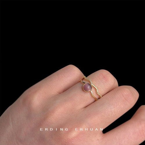 Micropaved zircon glass cat's eye ring plated 14K open adjustable ring sweet Japanese and Korean index finger ring jewelry