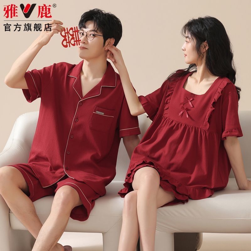 【送料無料】Yalu 新婚夫婦パジャマ 夏 純綿 半袖 薄手 赤 干支年 男女兼用|undefined