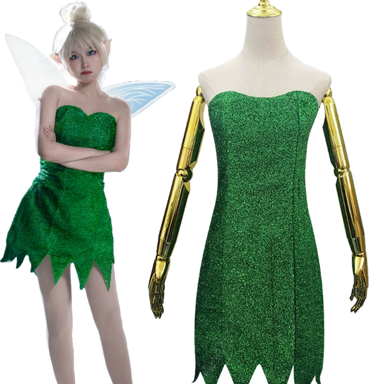 Чудесная фея Динь-Динь Зеленое платье Эльф Фея Ролевой Костюм Хэллоуин Косплей Костюм
