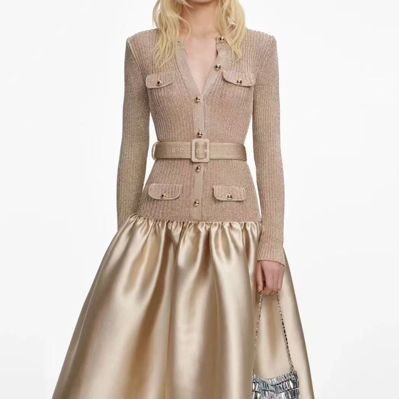 Sp Home 2025 Autumn/Winter New Elegant Style Slimming Puff Skirt with Belt Long Dress