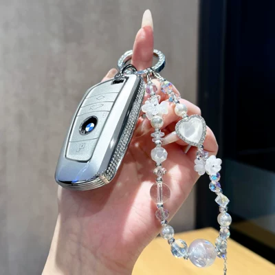 key cases, new 3 Series 330li, Car key bag - bmw-b-model-silver-side-drilled-silver-beaded-heart-chain