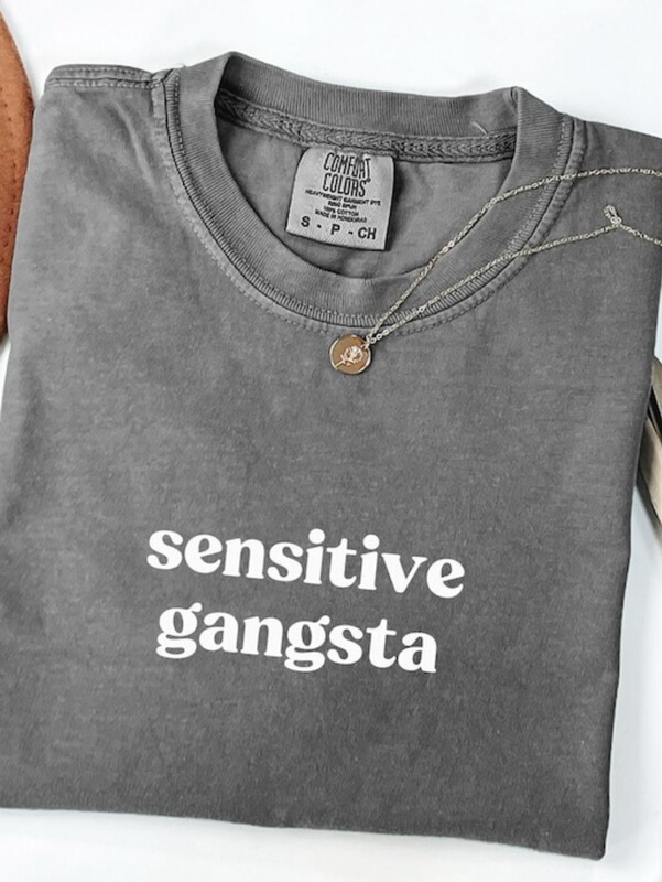 Women's Funny "Sensitive Gang" Slogan T-shirt Brown Casual Pattern Short Sleeve Top 230g Washed Cotton