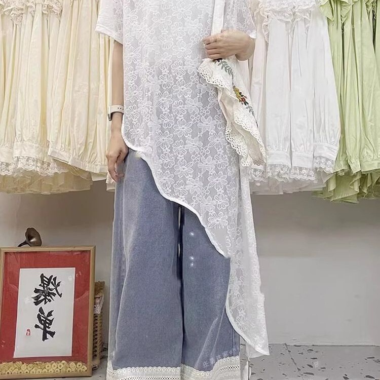 White Irregular Dress for Women with Wavy Diagonal Hem, Layered over a Slip Dress, Bohemian Style Short-Sleeved Lace Top