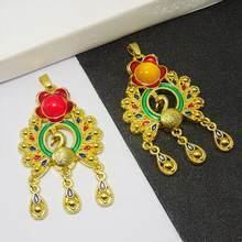 民族风铜合金挂坠镶玉孔雀毛衣链吊坠滴油流苏孔雀开屏项链挂坠