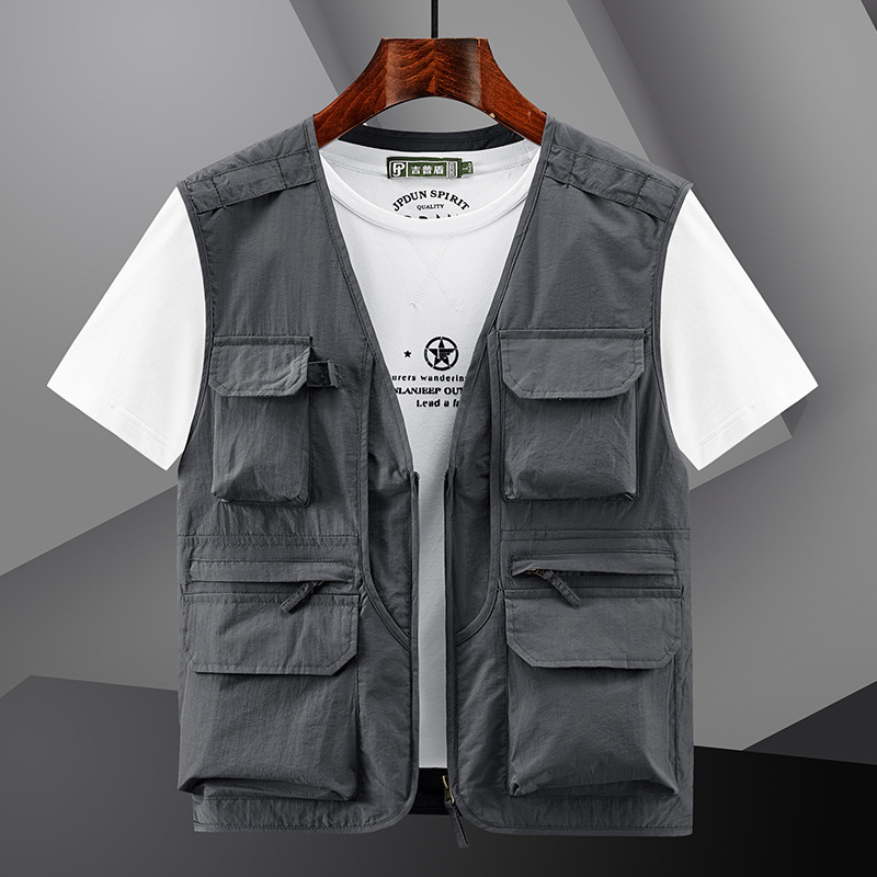 2023 Spring New Workwear Multi-Pocket V-Neck Casual Fishing Photography Sleeveless Waistcoat Thin Vest Vest for Men