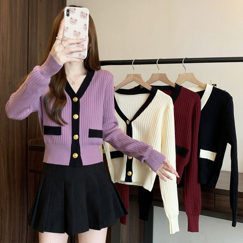 Autumn and Winter French V-neck color matching single-breasted long-sleeved knitted cardigan sweater coat women's temperament design top