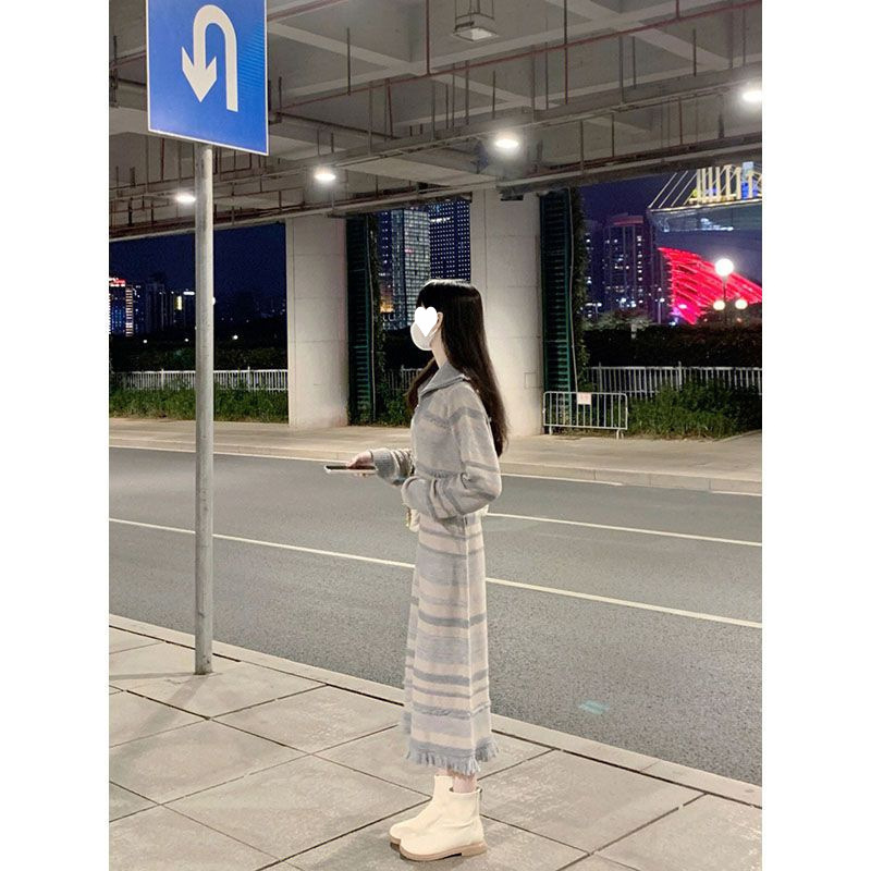 회색 분말 한국 니트 세트 여성의 가을 및 겨울 높은 허리 처짐 긴 원피스 소프트 왁스 니트 탑 스커트 투피스 세트